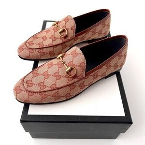 GUCCI || Jordaan Horsebit GG Monogram Canvas Loafer Flat Beige Rust Brown New 6